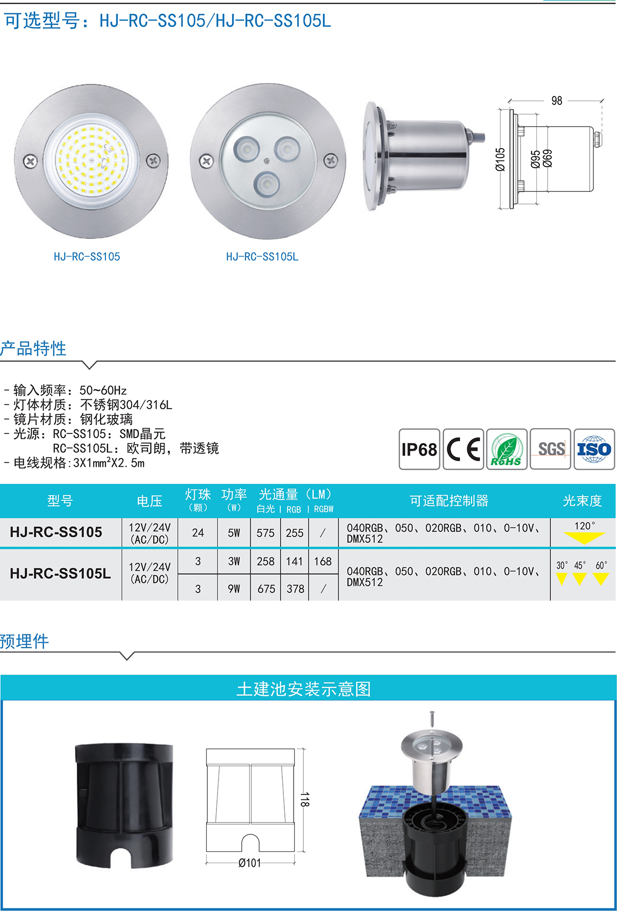 HJ-RC-SS105S/HJ-RC-SS105H 嵌入式泳池筒灯射灯水底地埋灯