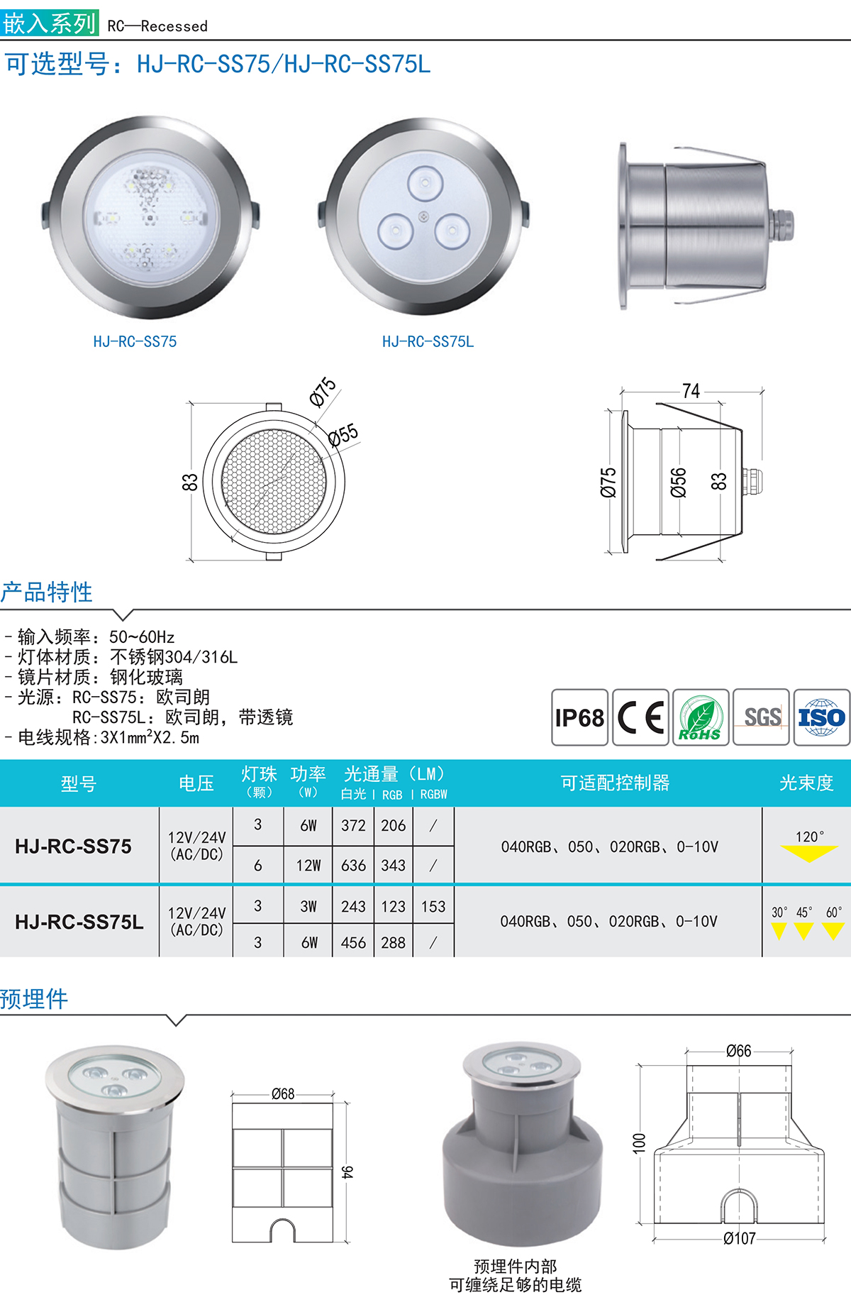 HJ-RC-SS75 暖白光12V水下灯DC24V小筒灯LED泳池水底灯