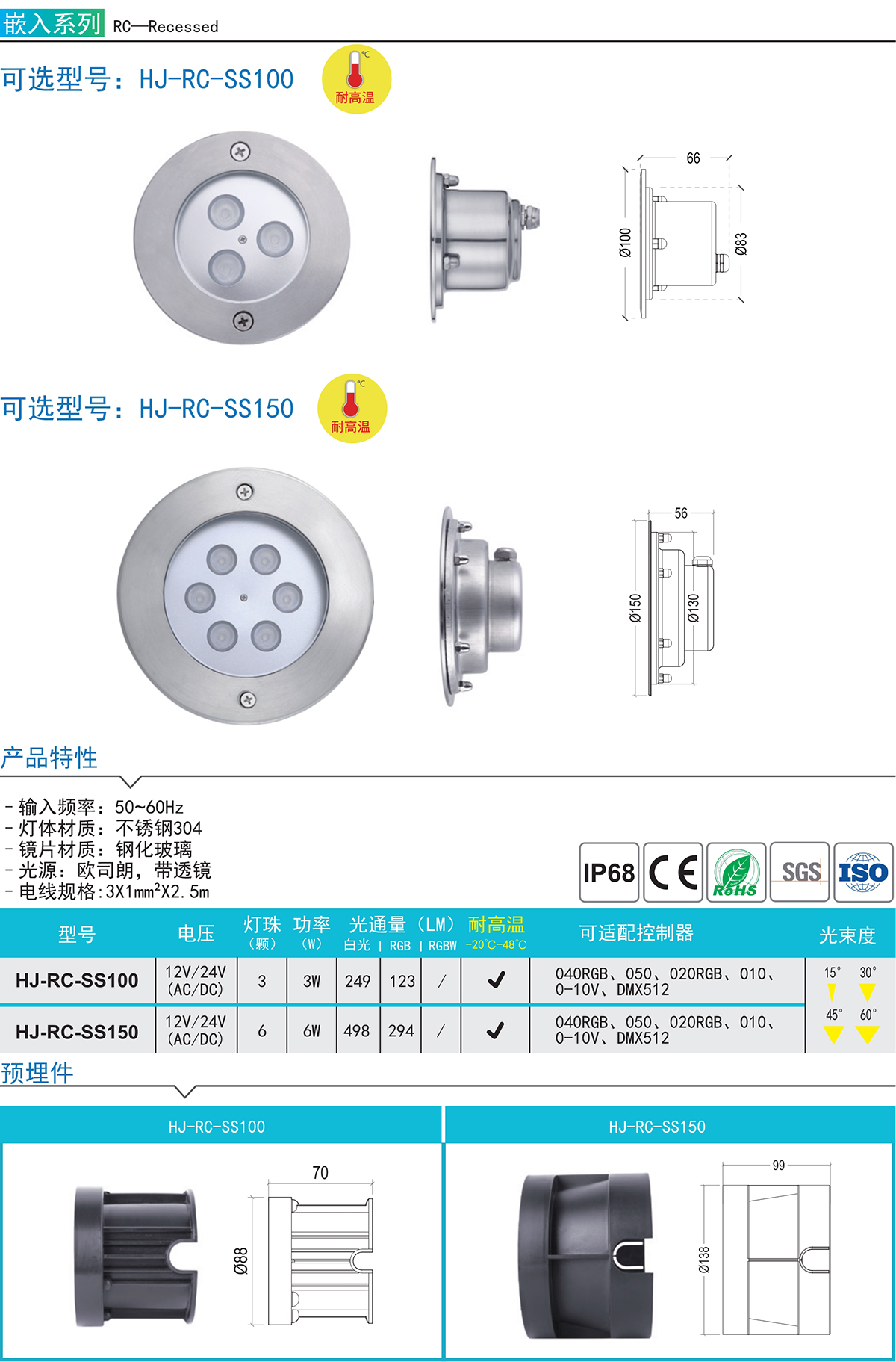 HJ-RC-SS150 嵌入式地下泳池灯七彩射灯水池投光灯