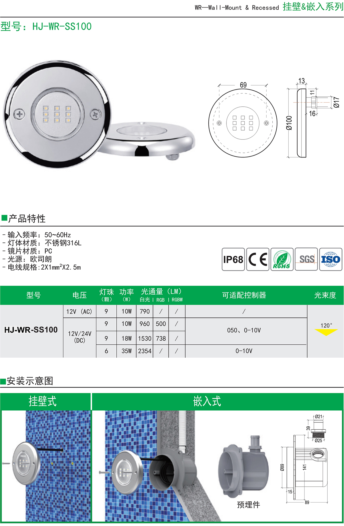 WR-SS100 挂壁嵌入式庭院鱼池灯光游泳池照明专用灯