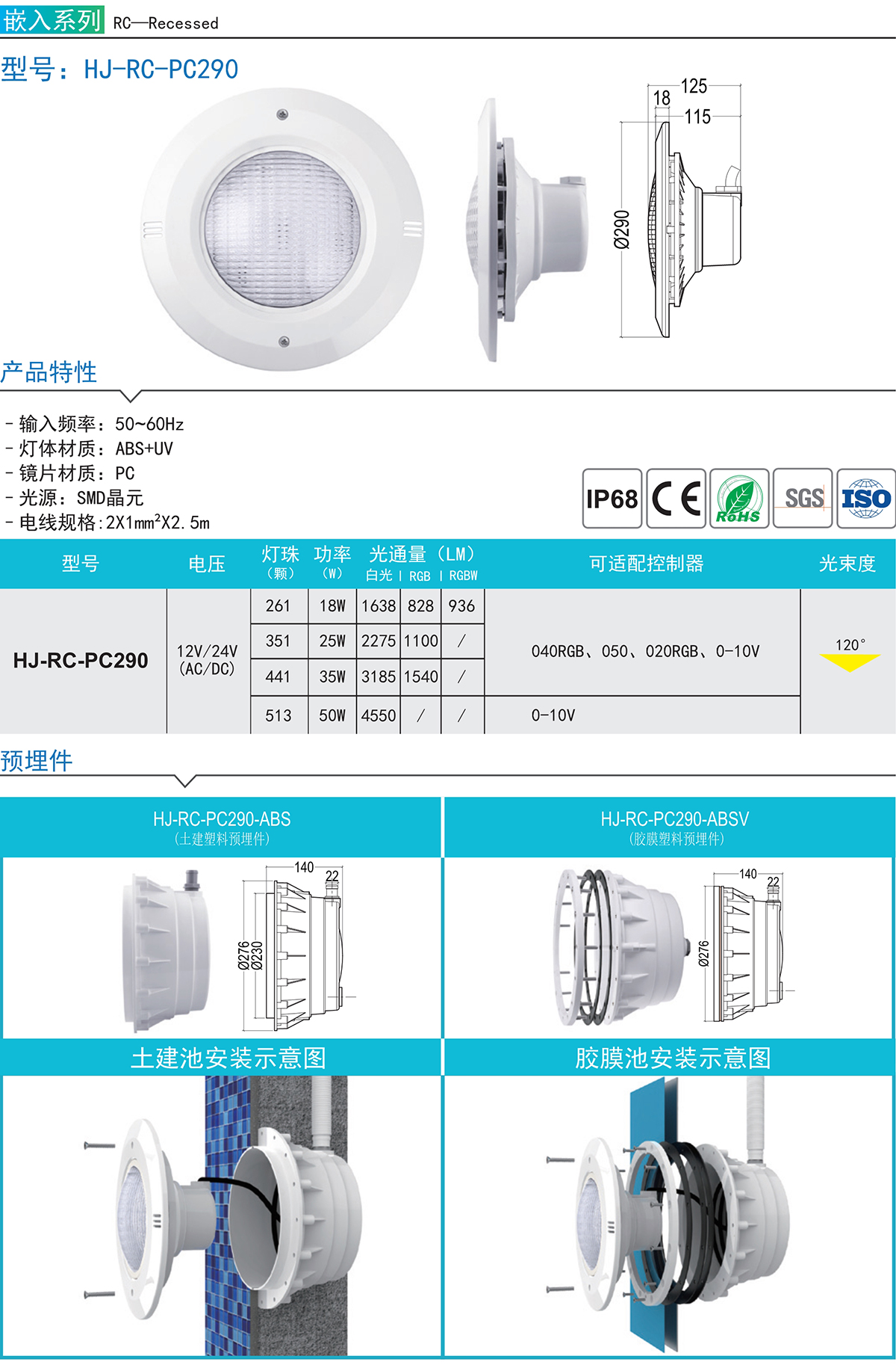 HJ-RC-PC29七彩泳池壁灯嵌入式泳池灯