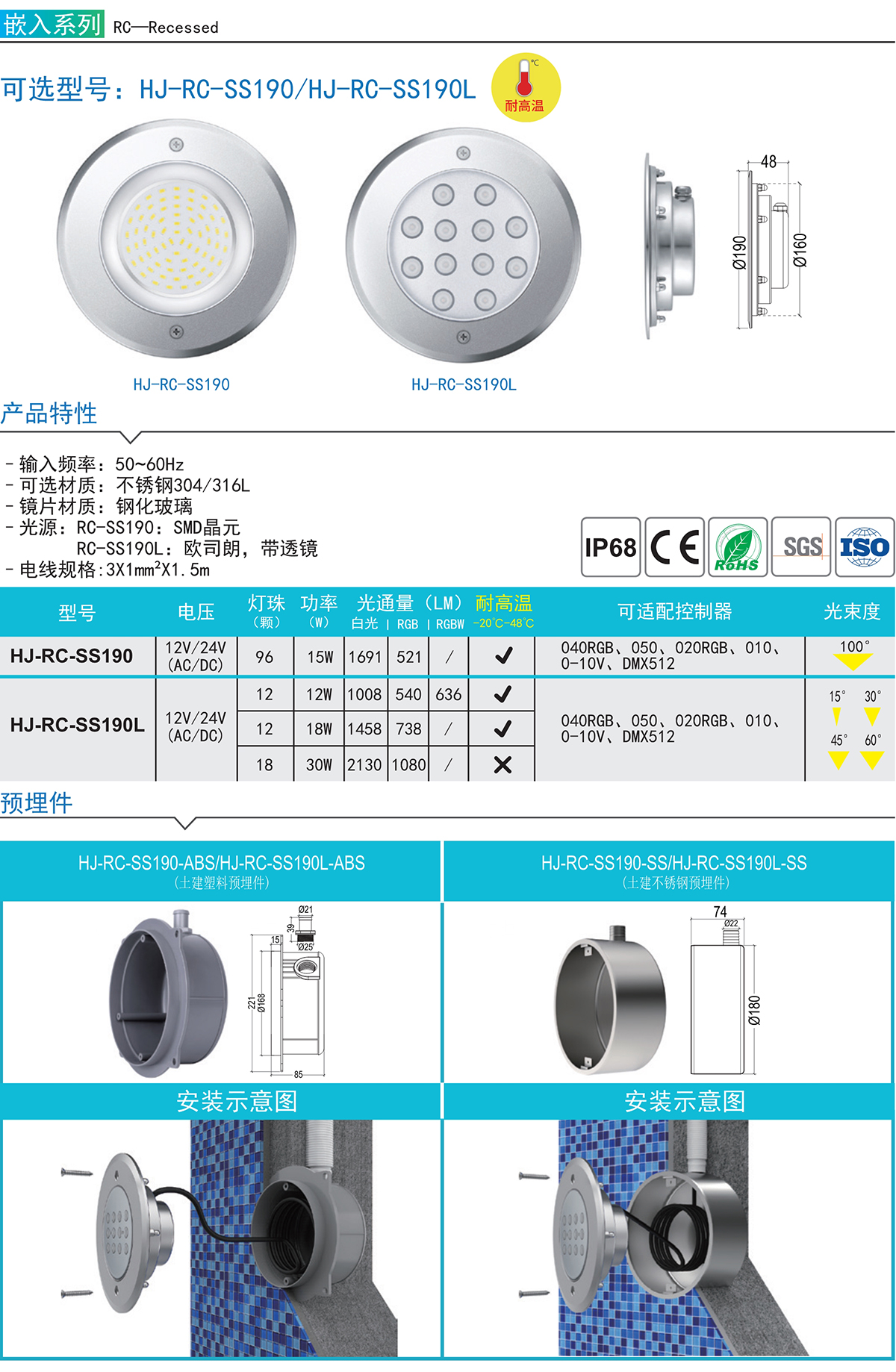 HJ-RC-SS190 嵌入式壁灯不锈钢水底埋地泳池灯水下灯