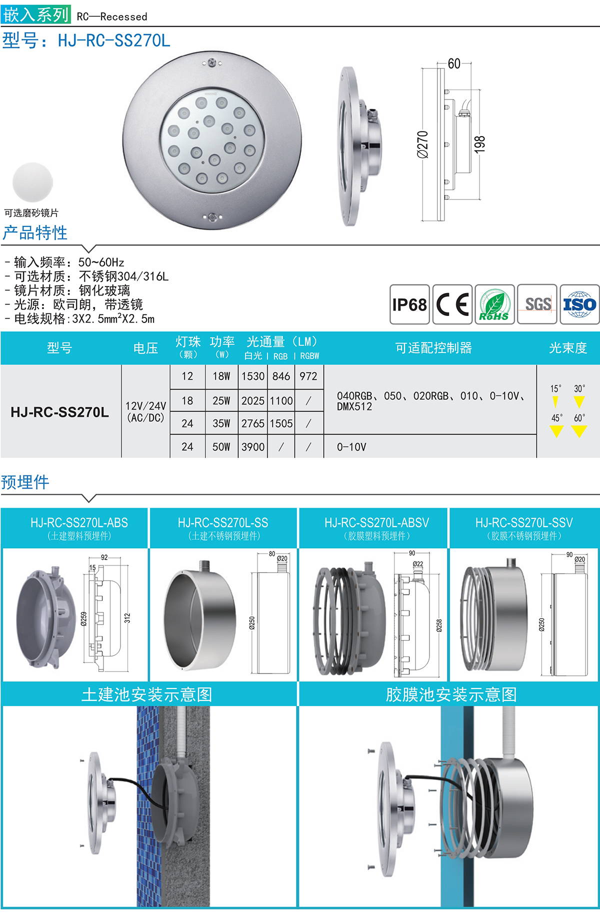 HJ-RC-SS270L 侧壁灯嵌入式暗装灯泳池水下灯水底灯